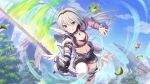  blue_eyes blue_sky clouds cloudy_sky crop_top grey_hair holding holding_sword holding_weapon medium_hair midriff official_art outdoors princess_connect! sky sword tomo_(princess_connect!) tree vambraces weapon 