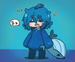  1girl :o bangs blue_background blue_hair blue_pantyhose blush_stickers chibi closed_eyes commentary_request facing_viewer fish_tail fuka-chan full_body hair_between_eyes highres holding holding_stuffed_toy no_shoes open_mouth original pantyhose shadow shark_tail sharp_teeth short_eyebrows simple_background solo spoken_zzz standing stuffed_toy stuffed_whale tail teeth thick_eyebrows uni_souchou zzz 