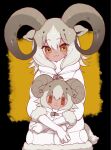  1girl :3 animal_ears blonde_hair blush character_doll coat dall_sheep_(kemono_friends) elbow_gloves fur_trim gloves horns kemono_friends looking_at_viewer multicolored_hair notora puffy_coat sheep_ears sheep_girl sheep_horns sheep_tail short_hair solo tail white_coat white_fur white_gloves white_hair winter_clothes winter_coat yellow_eyes 