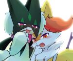  2girls :3 animal_ear_fluff animal_ears animal_hands animal_nose backlighting blush body_fur braixen cat_girl cat_tail commentary_request cropped fang flat_chest fox_ears fox_girl fox_tail fur_collar furry furry_female green_fur green_hair half-closed_eyes hand_to_own_mouth hand_up happy highres looking_at_viewer meowscarada multiple_girls nose_blush open_mouth pokemon pokemon_(creature) ragu_(apricolor) raised_eyebrows red_eyes short_hair simple_background skin_fang smile smug snout standing stick tail two-tone_fur upper_body white_background white_fur yellow_fur 