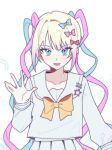  1girl arm_up bangs blonde_hair blue_bow blue_eyes blue_hair bow chouzetsusaikawa_tenshi-chan gradient_hair hair_bow hair_ornament kiwi_(yabai92929) long_hair long_sleeves looking_at_viewer multicolored_hair needy_girl_overdose open_mouth pink_bow pink_hair pleated_skirt purple_bow quad_tails sailor_collar school_uniform serafuku shirt simple_background skirt smile solo twintails upper_body very_long_hair white_background yellow_bow 