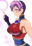  1girl akisu_k asamiya_athena blush breasts chinese_clothes fingerless_gloves gloves hair_ornament hairband large_breasts looking_at_viewer purple_hair short_hair simple_background skin_tight smile the_king_of_fighters upper_body violet_eyes white_background white_hairband 