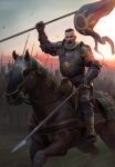  armor banner brown_hair european_clothes facial_hair flag gwent_(game) highres holding holding_polearm holding_weapon horse mustache no_headwear non-web_source outdoors polearm short_hair sky soldier spear sunset the_witcher_(series) weapon 