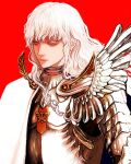  1boy androgynous armor berserk blue_eyes cape griffith_(berserk) lips looking_to_the_side nisino2222 red_background shoulder_armor solo wavy_hair white_cape white_hair 