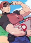  1boy arm_up biceps black_bag blue_pants blurry blurry_background box brown_hair buttons character_print closed_mouth clouds commentary courier_(pokemon) day delibird grey_eyes hat highres holding holding_box impetuss male_focus muscular muscular_male outdoors pants pectorals pokemon pokemon_(game) pokemon_sv red_headwear shirt short_hair short_sleeves sky smile solo sweatdrop wristband 