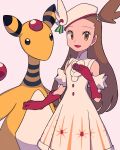  1girl :d ampharos bare_shoulders brown_eyes brown_hair commentary_request dress eyelashes gloves hand_up hat highres jasmine_(holiday_2022)_(pokemon) jasmine_(pokemon) long_hair looking_at_viewer official_alternate_costume one_side_up open_mouth pokemon pokemon_(creature) pokemon_(game) pokemon_masters_ex red_gloves smile tyako_089 white_dress white_headwear 