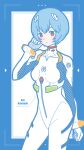  1girl absurdres ayanami_rei bangs blue_hair blue_theme blush bodysuit cowboy_shot expressionless hairpods hand_up highres limited_palette looking_at_viewer neon_genesis_evangelion pilot_suit plugsuit red_eyes short_hair solo white_bodysuit yoshimon 