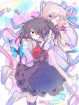  2girls ame-chan_(needy_girl_overdose) bangs behind_another black_hair black_ribbon black_skirt blonde_hair blue_bow blue_butterfly blue_eyes blue_hair blue_shirt blue_skirt bow bug butterfly chouzetsusaikawa_tenshi-chan collar collared_shirt hair_bow hair_ornament hair_over_one_eye hairclip highres holographic_clothing long_hair long_sleeves multicolored_hair multiple_girls neck_ribbon needy_girl_overdose one_eye_closed pink_bow pink_hair pleated_skirt purple_bow quad_tails red_shirt ribbon sailor_collar school_uniform serafuku shirt shirt_tucked_in skirt sparkle suspender_skirt suspenders twintails v very_long_hair white_collar x_hair_ornament xiaolaomi37330 