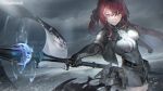  1girl artist_request bangs clouds cloudy_sky dress hair_ribbon highres holding holding_polearm holding_weapon long_hair mole mole_under_eye ocean official_art polearm ponytail punishing:_gray_raven red_eyes redhead ribbon sky smile vera_(punishing:_gray_raven) weapon 