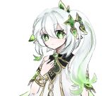  1girl armlet bare_shoulders closed_mouth genshin_impact gradient_hair green_eyes green_hair grey_hair hair_between_eyes hand_on_own_chest long_hair looking_at_viewer lowres multicolored_hair nahida_(genshin_impact) simple_background solo upper_body user_siffo white_background 