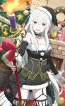  black_dress black_eyes black_headwear candle christmas_tree christmas_wreath dress echidna_(re:zero) fire fireplace hat highres holding holding_staff long_hair official_art re:zero_kara_hajimeru_isekai_seikatsu re:zero_kara_hajimeru_isekai_seikatsu:_lost_in_memories santa_hat staff tree white_hair 