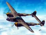  above_clouds aircraft airplane artist_name blue_sky clouds cloudy_sky commentary_request day flying highres luger_oni-jun&#039;i military motion_blur original outdoors p-38_lightning roundel signature sky vehicle_focus world_war_ii 