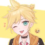  1boy ahoge blonde_hair blue_eyes blush collared_shirt eighth_note emoji head_tilt highres hood hoodie kagamine_len leo/need_(project_sekai) male_focus musical_note one_eye_closed ponytail project_sekai shirt short_hair smile solo studded_choker tongue tongue_out vocaloid vs0mr 