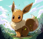  closed_mouth day eevee grass highres jak_(jaksinart) leaf no_humans outdoors pokemon pokemon_(creature) sitting smile solo 