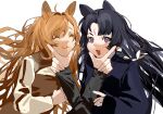  1other 2girls :d :t absurdres animal_ears arknights bangs black_hair black_kimono brown_hair brown_jacket ceobe_(arknights) chin_on_palm_challenge closed_eyes closed_mouth commentary_request dog_ears dog_girl facial_mark facing_viewer forehead forehead_mark hair_between_eyes highres jacket japanese_clothes kimono long_hair long_sleeves looking_at_viewer multiple_girls parted_bangs saga_(arknights) simple_background smile tanuka_(tnk0150) upper_body very_long_hair violet_eyes wavy_mouth white_background 