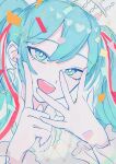  1girl :d blue_eyes blue_hair bright_pupils hair_between_eyes hatsune_miku head_tilt highres index_finger_raised long_hair looking_at_viewer sion001250 smile solo twintails vocaloid white_pupils 