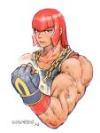  1girl absurdres bangs biceps black_gloves black_sports_bra brown_eyes chain_necklace clenched_hand fingerless_gloves flexing gloves highres jewelry looking_at_viewer marisa_(street_fighter) muscular muscular_female necklace portrait quasimodox redhead short_hair sleeveless solo sports_bra straight_hair street_fighter street_fighter_6 