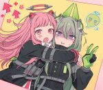  2girls animal_ears arm_strap b718293 bangs black_gloves black_jacket blush cat_ears close_game/offline_(project_sekai) commentary dress giving_up_the_ghost gloves green_gloves green_hair hair_flaps halo hug jacket kusanagi_nene long_hair long_sleeves mechanical_ears mechanical_halo multiple_girls ootori_emu pink_eyes pink_hair plus_sign pouch project_sekai rabbit_ears sweat symbol-only_commentary tactical_clothes trembling two-tone_gloves upper_body very_long_hair violet_eyes white_dress 