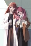  2girls :o alternate_costume bangs black_shirt black_skirt brown_eyes brown_jacket brown_skirt celica_(fire_emblem) coffee_cup cup disposable_cup earrings fire_emblem fire_emblem_echoes:_shadows_of_valentia head_tilt highres holding holding_cup jacket jewelry long_hair looking_to_the_side mae_(fire_emblem) multiple_girls open_mouth orange_hair pink_hair shirt skirt sleeves_past_wrists steam twintails white_jacket white_shirt yama0109 