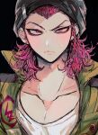  1boy bangs black_background black_headwear blush braid collarbone danganronpa_(series) danganronpa_2:_goodbye_despair earrings frown highres jacket jewelry joonoyuki looking_at_viewer male_focus medium_hair open_clothes open_jacket pink_eyes pink_hair portrait shirt side_braid solo souda_kazuichi white_shirt yellow_jacket 