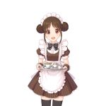  apron black_bow black_bowtie black_thighhighs bow bowtie brown_eyes brown_hair coffee coffee_cup cup disposable_cup holding holding_tray maid maid_apron maid_headdress official_art princess_connect! suzuna_(princess_connect!) tachi-e thigh-highs transparent_background tray 