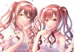  2girls bangs bare_shoulders blush breasts citrusmikan collarbone dress finger_to_mouth flower hair_between_eyes hair_flower hair_ornament hair_ribbon hand_on_own_cheek hand_on_own_face hand_up highres idolmaster idolmaster_shiny_colors index_finger_raised long_hair looking_at_viewer medium_breasts multiple_girls official_alternate_costume official_alternate_hairstyle open_mouth osaki_amana osaki_tenka parted_lips redhead ribbon siblings sisters sleeveless sleeveless_dress smile swept_bangs twins twintails upper_body wavy_hair white_dress yellow_eyes 