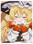  1girl black_headwear blonde_hair bow closed_eyes facing_viewer food gloves hat hat_bow highres holding holding_food kirisame_marisa long_hair long_sleeves one-hour_drawing_challenge red_gloves red_scarf scarf solo touhou udoku_oekaki upper_body white_bow witch_hat yellow_background 