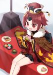  1girl :d benienma_(fate) black_skirt blush commentary_request dango fate/grand_order fate_(series) feet_out_of_frame food harada_(sansei_rain) hat highres holding holding_food japanese_clothes kimono long_hair long_sleeves looking_at_viewer low_ponytail plate pleated_skirt ponytail red_eyes red_headwear red_kimono redhead sakura_mochi sanshoku_dango skirt smile solo very_long_hair wagashi wide_sleeves 