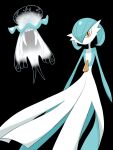  1girl alternate_color arms_at_sides bangs black_background blue_hair blue_skin bob_cut colored_skin commentary flat_chest floating full_body gardevoir hair_over_one_eye highres multicolored_skin nihilego no_mouth one_eye_covered orange_eyes pokemon pokemon_(creature) rve shiny_pokemon short_hair simple_background standing tentacles transparent two-tone_skin white_skin 