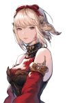  1girl absurdres au_ra avatar_(ff14) bangs bow breasts detached_sleeves dragon_horns final_fantasy final_fantasy_xiv from_side grey_eyes hair_bow highres horns maekakekamen medium_breasts scales short_hair solo upper_body white_background white_hair 