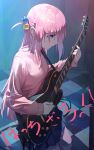  1girl black_skirt blue_eyes bocchi_the_rock! checkered_floor cube_hair_ornament electric_guitar gotou_hitori guitar hair_ornament highres holding holding_instrument indoors instrument jacket long_hair long_sleeves pink_hair pink_jacket skirt solo tesin_(7aehyun) translation_request 