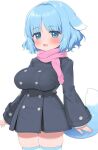  1girl :d bangs black_coat blue_eyes blue_hair blue_thighhighs breasts coat cowboy_shot hair_flaps highres large_breasts long_sleeves looking_at_viewer open_mouth original pink_scarf ransusan scarf short_hair simple_background smile solo standing symbol-shaped_pupils tail thigh-highs white_background 
