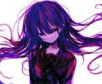  1girl bangs black_dress black_eyes closed_mouth dot_mouth dress empty_eyes expressionless floating_hair hair_between_eyes half-closed_eyes highres long_hair long_sleeves looking_away noroi_(rnatataki) original purple_theme simple_background solo upper_body white_background wind wind_lift 