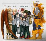  5boys :d absurdres ankle_boots annoyed arm_at_side armor backpack bag bakugou_katsuki bangs black_gloves blank_eyes blazer blonde_hair blue_bodysuit blue_eyes blurry bodysuit boku_no_hero_academia book boots briefcase brown_footwear burn_scar buttons closed_mouth collared_shirt comparison cross-laced_footwear depth_of_field dotted_line double_horizontal_stripe endeavor_(boku_no_hero_academia) eye_contact feathered_wings feathers film_grain fire forked_eyebrows freckles from_side full_body fur-trimmed_jacket fur-trimmed_sleeves fur_trim gloves green_eyes green_hair green_pants grey_background grey_eyes hair_between_eyes hand_up hands_up happy hawks_(boku_no_hero_academia) headphones height_chart height_difference heterochromia highres holding holding_book holding_briefcase jacket long_sleeves looking_at_another male_focus midoriya_izuku multicolored_clothes multicolored_hair multicolored_scarf multiple_boys muscular muscular_male orange_scarf pants parted_lips pocket profile red_footwear red_wings redhead scar scar_on_face scar_on_hand scarf school_uniform sennen_suisei shirt shoes short_hair shoulder_armor skin_tight smile sneakers sparkle speech_bubble spiky_hair split-color_hair spoken_squiggle squiggle standing straight_hair striped striped_scarf tinted_eyewear todoroki_shouto two-tone_hair u.a._school_uniform vambraces white_hair white_shirt wing_collar wings yellow-tinted_eyewear yellow_bag yellow_footwear yellow_pants 