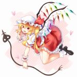  1girl ascot back_bow black_footwear blonde_hair bobby_socks bow crystal fang flandre_scarlet frilled_shirt_collar frilled_skirt frilled_sleeves frills full_body hair_between_eyes hat hat_ribbon heart highres holding holding_polearm holding_weapon laevatein_(touhou) long_hair looking_at_viewer marukyuu_ameya mary_janes mob_cap multicolored_wings open_mouth pink_background pointy_ears polearm puffy_short_sleeves puffy_sleeves red_eyes red_ribbon red_skirt red_vest ribbon shirt shoes short_sleeves side_ponytail simple_background skirt skirt_set socks solo touhou vest weapon white_bow white_headwear white_shirt white_socks wings wrist_cuffs yellow_ascot 