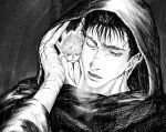  2boys bandaged_hand bandages bare_shoulders berserk black_hair closed_eyes closed_mouth commentary fairy_wings greyscale guts_(berserk) highres hood hood_up looking_at_another male_focus monochrome multiple_boys one_eye_closed open_mouth parted_lips pointy_ears puck_(berserk) rain scar scar_on_face scar_on_nose short_hair spiky_hair symbol-only_commentary teeth vislsn2 wings 