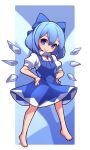  1girl barefoot blue_background blue_bow blue_dress blue_eyes blue_hair bow cirno closed_mouth collared_shirt dress full_body hair_bow hands_on_hips highres looking_at_viewer pinafore_dress puffy_short_sleeves puffy_sleeves shirt short_hair short_sleeves smile solo touhou umenodo white_shirt 