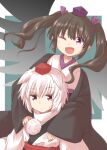  2girls ;d animal_ears bird_wings black_wings brown_hair closed_mouth hat himekaidou_hatate hug inubashiri_momiji japanese_clothes kimono kourindou_tengu_costume long_sleeves looking_at_viewer multiple_girls naegi_(naegidokoro) official_alternate_costume one_eye_closed open_mouth pointy_ears purple_headwear red_eyes red_headwear smile sweatdrop tokin_hat touhou twintails upper_body violet_eyes white_kimono wings wolf_ears wolf_girl 