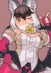  1girl animal_ears bat_girl bat_wings bow bowtie brown_eyes brown_hair brown_long-eared_bat_(kemono_friends) closed_mouth elbow_gloves extra_ears fingerless_gloves gloves grey_hair highres kemono_friends kemono_friends_v_project leotard long_hair looking_at_viewer multicolored_hair one_eye_closed pantyhose rinx scarf simple_background skirt smile solo virtual_youtuber wings 
