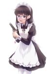  1girl absurdres apron bangs black-framed_eyewear black_dress black_hair black_ribbon breasts brown_eyes charm_(object) collared_dress commentary dress earrings english_commentary feet_out_of_frame frilled_apron frills glasses gun handgun highres holding holding_gun holding_weapon jewelry juliet_sleeves long_sleeves looking_at_viewer lusan666 maid maid_headdress neck_ribbon open_mouth original pantyhose puffy_sleeves ribbon sidelocks small_breasts solo weapon white_apron white_pantyhose 