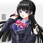  1girl :d absurdres bangs black_hair black_jacket blazer blue_eyes bow breasts collared_shirt commentary_request dress_shirt gradient gradient_background grey_background hair_ornament hairclip hands_up highres jacket long_hair long_sleeves looking_at_viewer medium_breasts nijisanji pink_bow qr_code shirt smile solo tsukino_mito twitter_username upper_body very_long_hair virtual_youtuber white_shirt yamaguchi_shinnosuke 