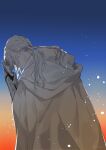  1boy bangs bedivere_(fate) braid cloak closed_eyes closed_mouth commentary fate/grand_order fate_(series) gauntlets gloves gradient_sky hair_tubes head_down highres holding_own_wrist light_particles low_twintails male_focus n_oel sky solo sunset twintails upper_body white_cloak white_gloves white_hair 