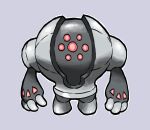  arms_at_sides blacknirrow chibi commentary english_commentary full_body grey_background grey_theme looking_at_viewer metal outline pokemon pokemon_(creature) red_eyes registeel simple_background solo standing straight-on white_outline 