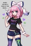  black_shirt hair_ribbon hairband highres klara_(pokemon) midriff pink_hair pokemon pokemon_(game) pokemon_sv ribbon shirt shorts solo thigh-highs touyarokii watermark 