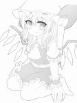  1girl ascot closed_mouth collared_shirt fang fang_out flandre_scarlet frilled_shirt_collar frilled_skirt frilled_sleeves frills full_body greyscale hair_between_eyes hand_on_own_leg hat highres long_hair looking_at_viewer marukyuu_ameya mob_cap monochrome no_shoes puffy_short_sleeves puffy_sleeves ribbon-trimmed_headwear ribbon_trim shirt short_sleeves skin_fang skirt smile solo touhou vest wings wrist_cuffs 