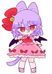  1girl animal_ears ascot bat_wings bell bow cat_ears cat_girl cat_tail fang frilled_skirt frilled_sleeves frills hair_bow highres jingle_bell light_purple_hair op_na_yarou paw_pose pink_footwear pink_shirt pink_skirt puffy_short_sleeves puffy_sleeves red_ascot red_bow red_eyes remilia_scarlet shirt short_sleeves simple_background skirt skirt_set slit_pupils solo tail touhou white_background white_skirt wings wrist_cuffs 