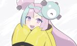  1girl :d bangs character_hair_ornament commentary_request green_hair hair_ornament hands_up happy highres iono_(pokemon) jacket long_hair looking_at_viewer open_mouth pokemon pokemon_(game) pokemon_sv purple_hair smile solo teeth tongue upper_body upper_teeth violet_eyes yahishi11 yellow_jacket 