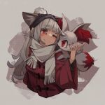  1girl 1other absurdres animal_ear_fluff animal_ears arknights bangs blush bright_pupils closed_mouth commentary_request english_commentary fennekin frostleaf_(arknights) grey_hair highres jacket long_hair long_sleeves looking_at_another one_eye_closed pokemon pom_pom_(clothes) red_eyes red_jacket scarf sidelocks simple_background slit_pupils smile togekk0 upper_body white_background white_pupils white_scarf wide_sleeves 