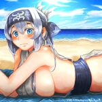 1girl absurdres bandana beach blue_bandana blue_eyes blue_headwear breasts closed_mouth grey_hair hakurou_(3941341) highres kamoi_(kancolle) kantai_collection large_breasts long_hair looking_at_viewer lying on_stomach sideboob solo upper_body
