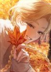  1boy androgynous artist_name autumn autumn_leaves bangs blonde_hair blush braid commentary_request day eyelashes falling_leaves floating_hair grin haitani_ran hand_up highres holding holding_leaf leaf long_hair long_sleeves looking_at_viewer lu_lamup male_focus maple_leaf outdoors parted_bangs sidelocks signature sleeves_past_wrists smile solo sunlight sweater teeth tokyo_revengers tree twin_braids upper_body violet_eyes white_sweater 